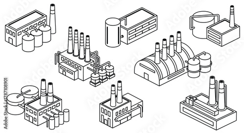 Isometric factory industrial buildings production plant set design