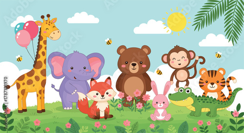 Cartoon animals gathered outdoors with balloons, flowers, bees, and sunshine in colorful grassy landscape under blue sky illustration