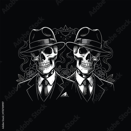Elegant twin skeleton gentlemen in fedora hats and classic suits on a dark background, a mysterious and stylish duo
