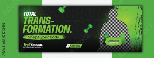 Total transformation shape your body with gym fitness cover template design