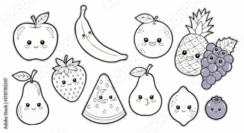 Set of cute kawaii fruit characters for coloring book pages.