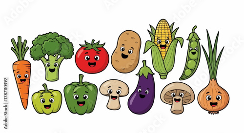 Cartoon Vegetables with Smiling Faces - A Colorful and Healthy Collection.