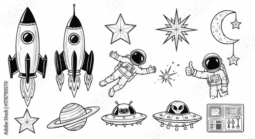 Hand-drawn space exploration elements set with rockets, astronauts, planets, and stars.