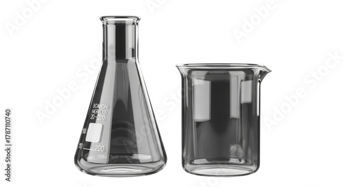 Scientific laboratory glassware set including beaker and Erlenmeyer flask for chemistry concepts isolated PNG with Transparent Background