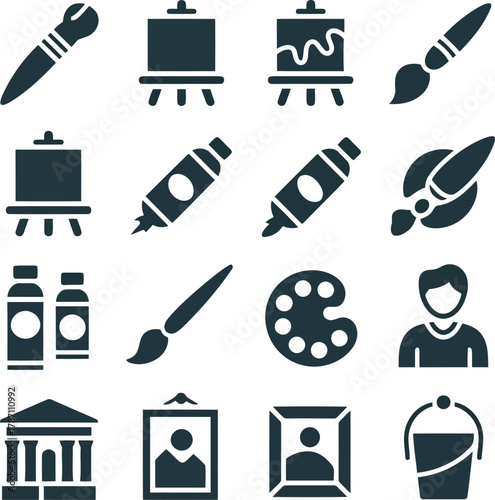 Art and Painting Glyph Icons Vector Set - Brush, Easel, Canvas, Palette, Paint Tubes, Gallery
