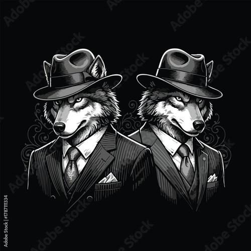 Two anthropomorphic wolves in fedora hats and sharp suits exuding a mysterious, vintage gangster aura