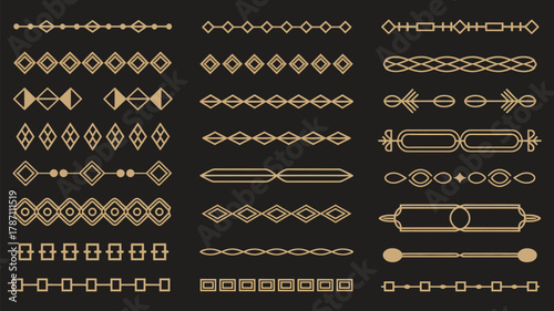 Golden Art Deco divider and header set, elegant 1920s vintage borders, decorative gold ornaments and frames, minimal geometric template for luxury invitation, card, and design projects.