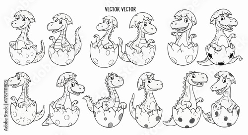 Adorable baby dinosaurs hatching from eggs in a cute cartoon style.