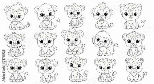Collection of Cute Baby Animal Line Drawings for Coloring Pages.