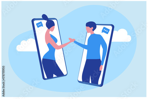 Couple in love with online dating  smartphone apps vector illustration. Online dating concept background