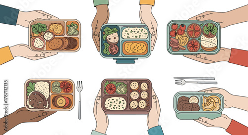 Hands holding various packed lunch boxes with diverse food selections.