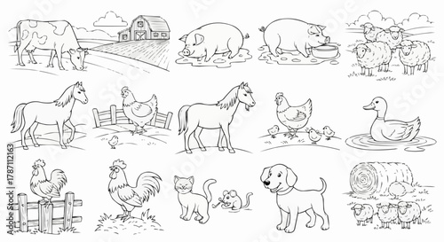 Collection of various farm animals in outline drawings for coloring books.