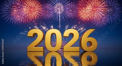 Golden 2026 numbers reflect on water with vibrant fireworks exploding in a dark night sky celebrating the upcoming new year holiday and future