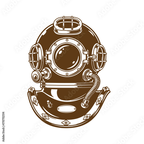 Brown vintage art illustration of a classic diving helmet isolated on white background