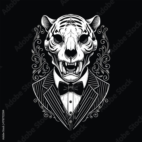 Stylish tiger skull wearing a dapper suit and bow tie with ornate embellishments on black