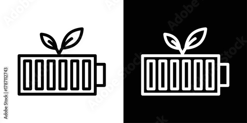 Green energy battery icon in black and white stroke on background. Perfect for renewable energy, sustainability projects, eco apps, and power-saving concepts.