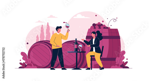 A man and woman tasting wine at a winery with barrels and grapes.