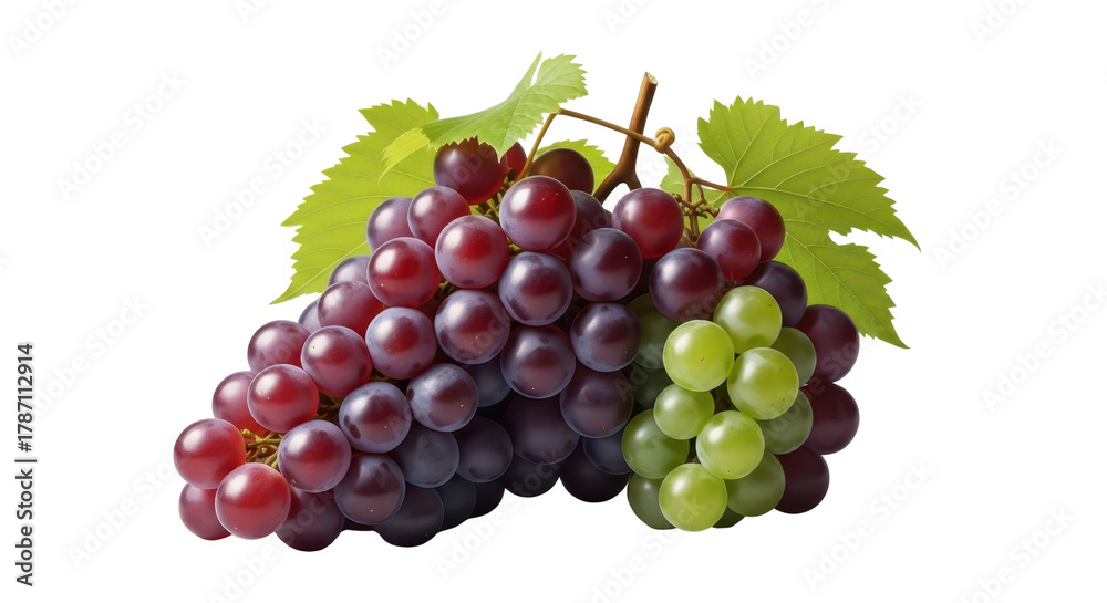 Obraz premium Ripe red and green grape cluster on the vine, fresh healthy fruit for food and drink marketing. isolated PNG with Transparent Background