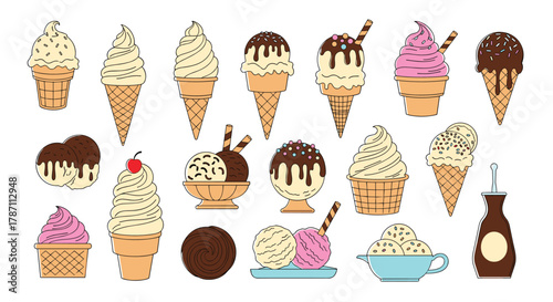 Collection of various colorful and delicious ice cream cones and desserts with toppings.