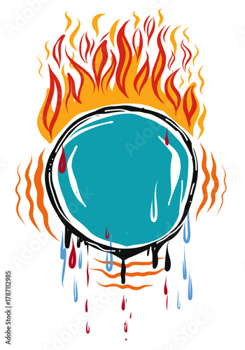 A cartoon illustration of the world on fire and slowly melting away. Bold and graphic style. Flames from the top. Melting droplets at the bottom. Earth is an aqua colour.