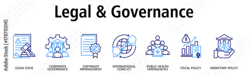 Legal & Governance banner web icon vector illustration concept with icon of legal issue, corporate governance, copyright infringement, international conflict, public health emergencies