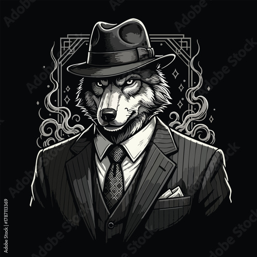 Dapper Wolf in Fedora and Pinstripe Suit with Noir Aesthetic Background Illustration