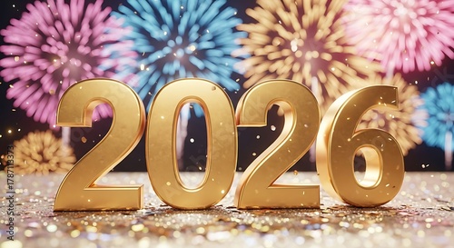 Golden 2026 numbers illuminated against a vibrant backdrop of exploding fireworks and sparkling confetti celebrating the upcoming new year with festive cheer and bright anticipation