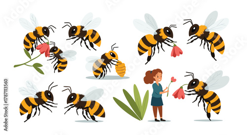 Cartoon bees interacting with flowers and a little girl.