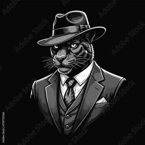 Elegant Black Panther Wearing a Dapper Suit and Classic Fedora Hat Artwork