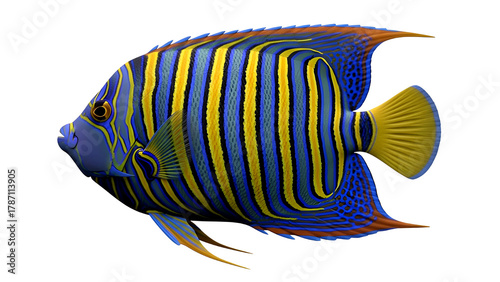 Vibrant regal angelfish with blue and yellow stripes swimming in the ocean isolated on transparent background