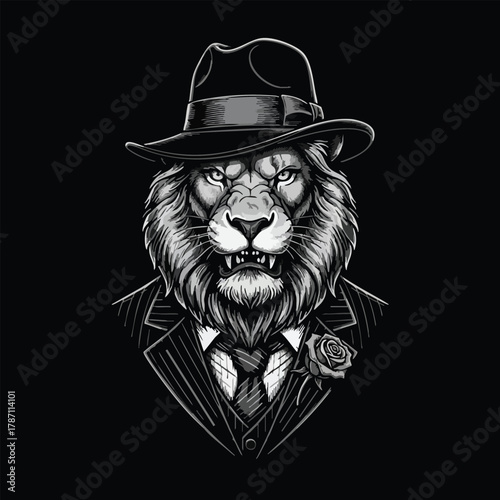 Elegant Lion Gangster Boss in Fedora Suit with Rose Lapel Fierce and Stylish Portrait Illustration