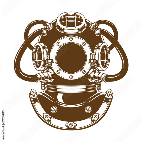 Detailed brown vintage art illustration of a classic diving helmet design isolated