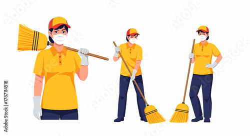 Three illustrations of a cleaner wearing a yellow uniform, cap, mask, and gloves, holding a broom in various poses, ready for sweeping.