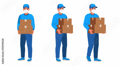 A delivery man in a blue uniform and face mask shown in three different poses holding cardboard packages.