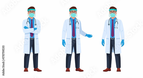 Three doctors wearing protective gear in different poses on a white background.