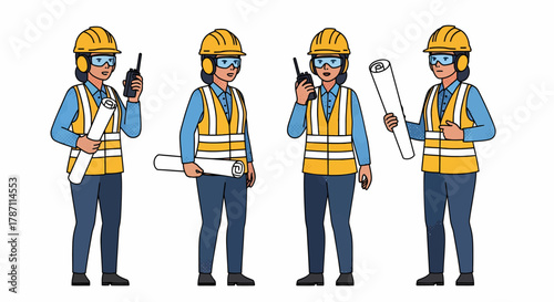Four female construction workers in hard hats and safety vests holding blueprints and walkie-talkies.