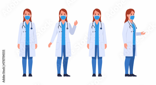 A set of a female doctor character in a white coat and surgical mask, shown in four different poses and angles.