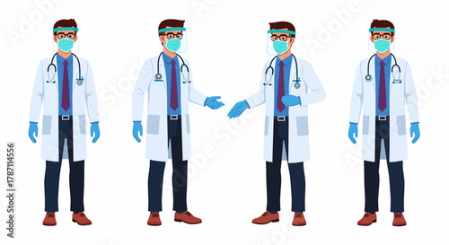 Four doctors in white lab coats, face shields, and masks, standing in different poses.