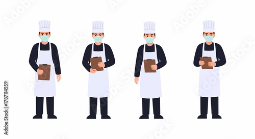 Four chefs wearing masks and aprons, holding clipboards, standing in a row, isolated on white.