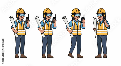 Cartoon woman in construction gear holding blueprints and a walkie-talkie.