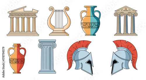 Collection of ancient Greek architectural elements, musical instruments, and warrior helmets.