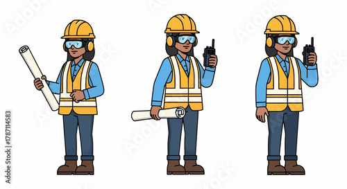 A set of three illustrations of a female construction worker wearing safety gear, holding blueprints and a walkie-talkie.