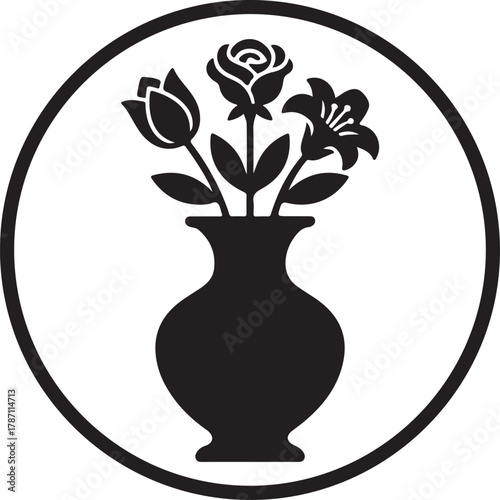 Flower Vase Silhouette Icon in Circle – Rose, Tulip and Lily Black Vector