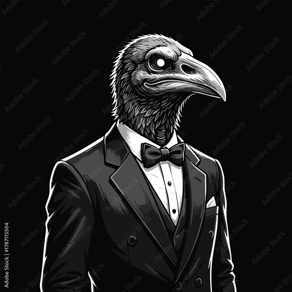 Naklejka premium Mysterious anthropomorphic raven in a sleek tuxedo, a striking monochrome avian gentleman illustration