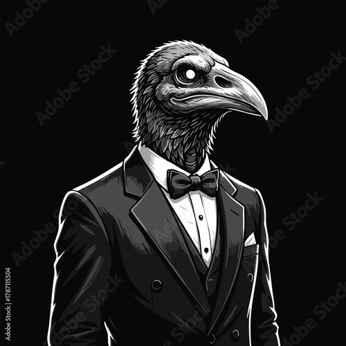 Mysterious anthropomorphic raven in a sleek tuxedo, a striking monochrome avian gentleman illustration
