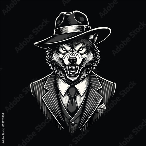Intimidating Dapper Wolf in Pinstripe Suit and Fedora Hat with Ferocious Snarl