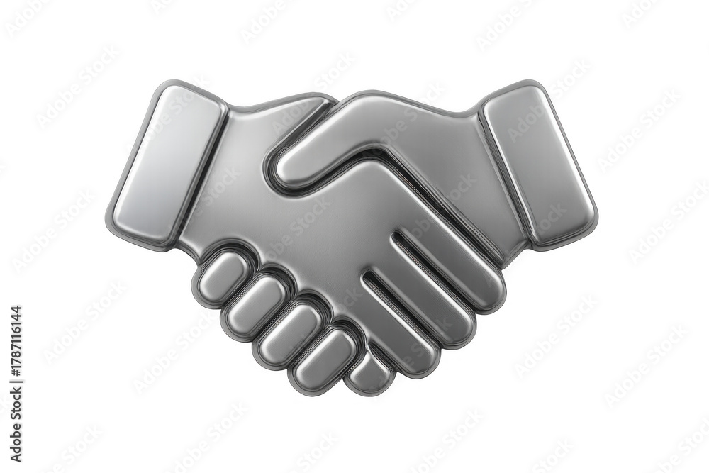Obraz premium Silver metallic handshake icon representing business partnership, agreement, deal, and cooperation on transparent background