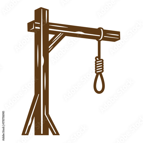 Illustration of a wooden gallows with a noose depicting themes of punishment and death