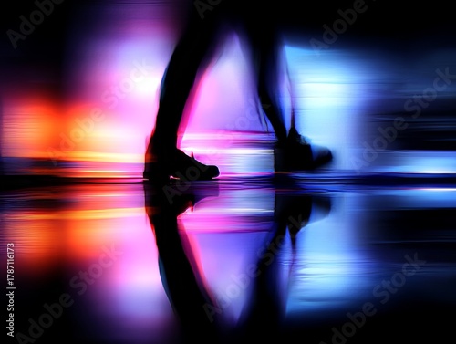 Legs walking on wet floor with motion blur and reflections at night
