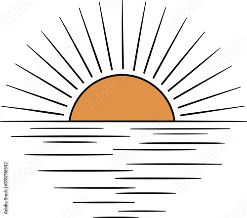 Stylized sun rising over water with radiating lines sunrise sunset